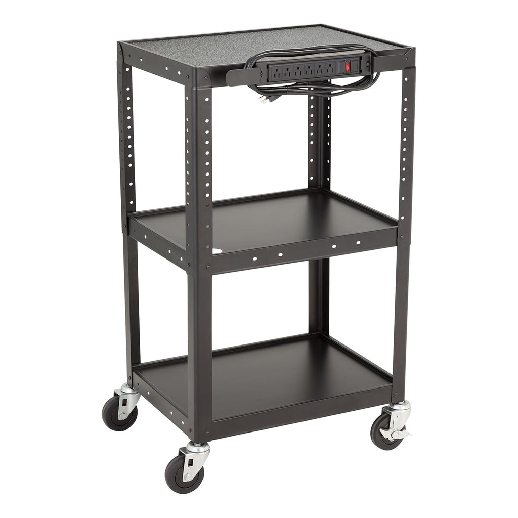 Adjustable Height Metal AV Cart with Electric Power Cord, Black D5463