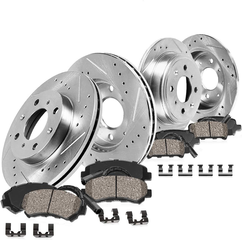 260mm Front + 258mm Rear 4 Lug Rotors + Ceramic Brake Pads + Clips A218
