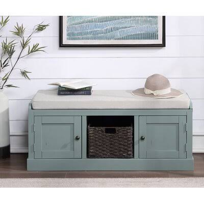 Wood Storage Bench with 2 Cabinets and 1 Basket Light Blue G119
