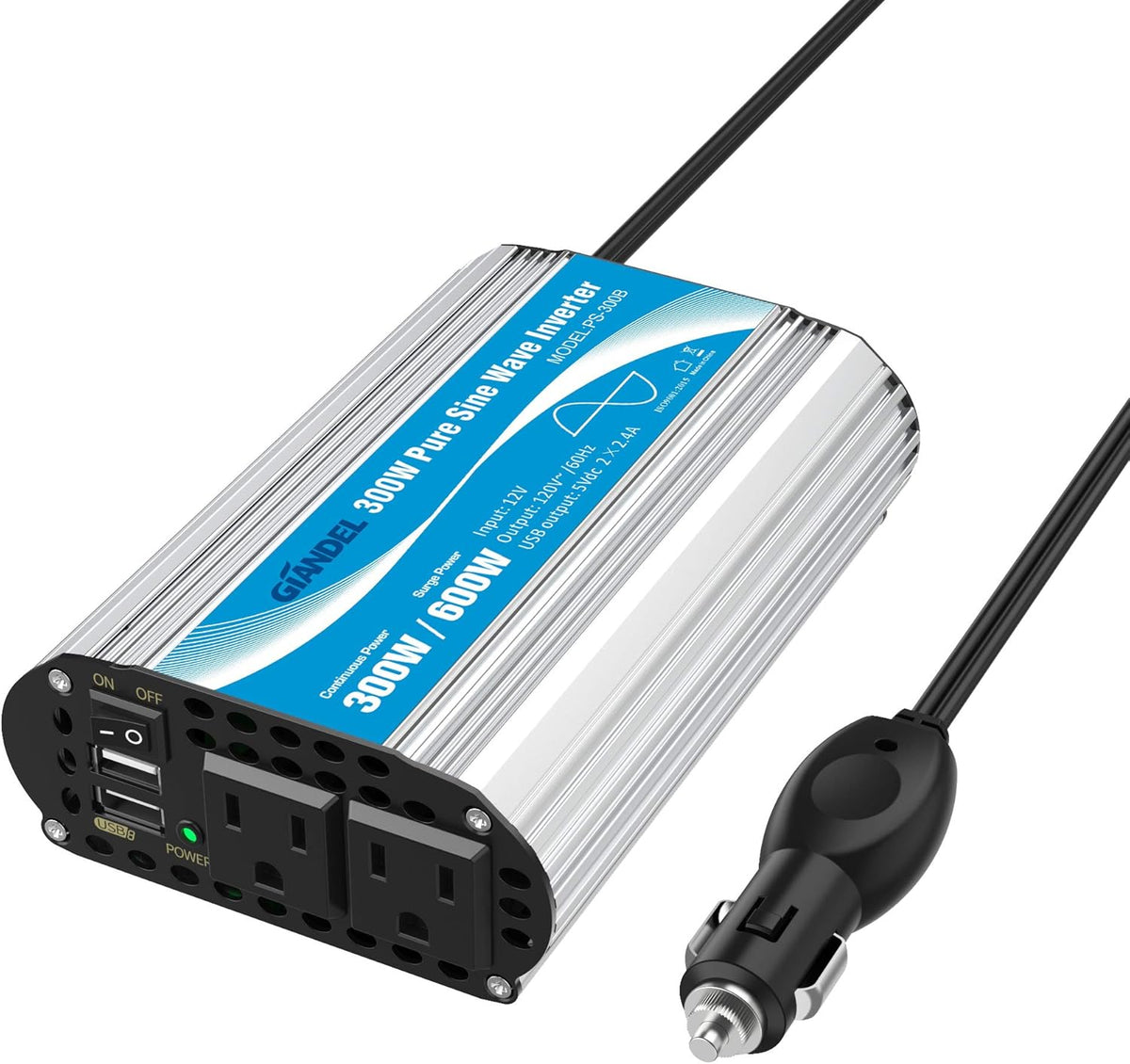 600W 12V DC to 110V 120V Pure Sine Wave Power Inverter with Remote Control Dual AC Outlets USB Port U50361