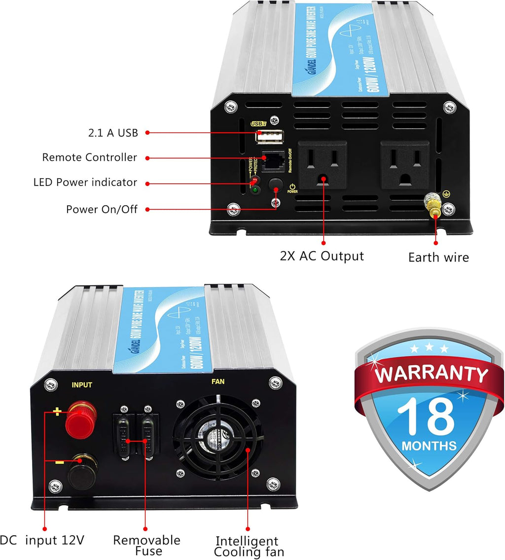 600W 12V DC to 110V 120V Pure Sine Wave Power Inverter with Remote Control Dual AC Outlets USB Port U50361