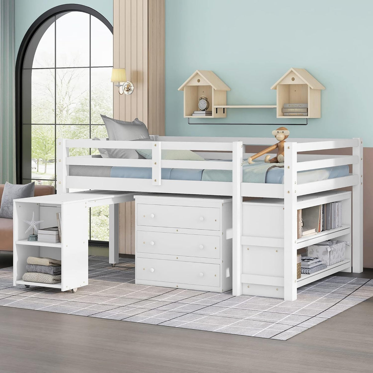 White Full Size Wood Loft Bed with Desk P386