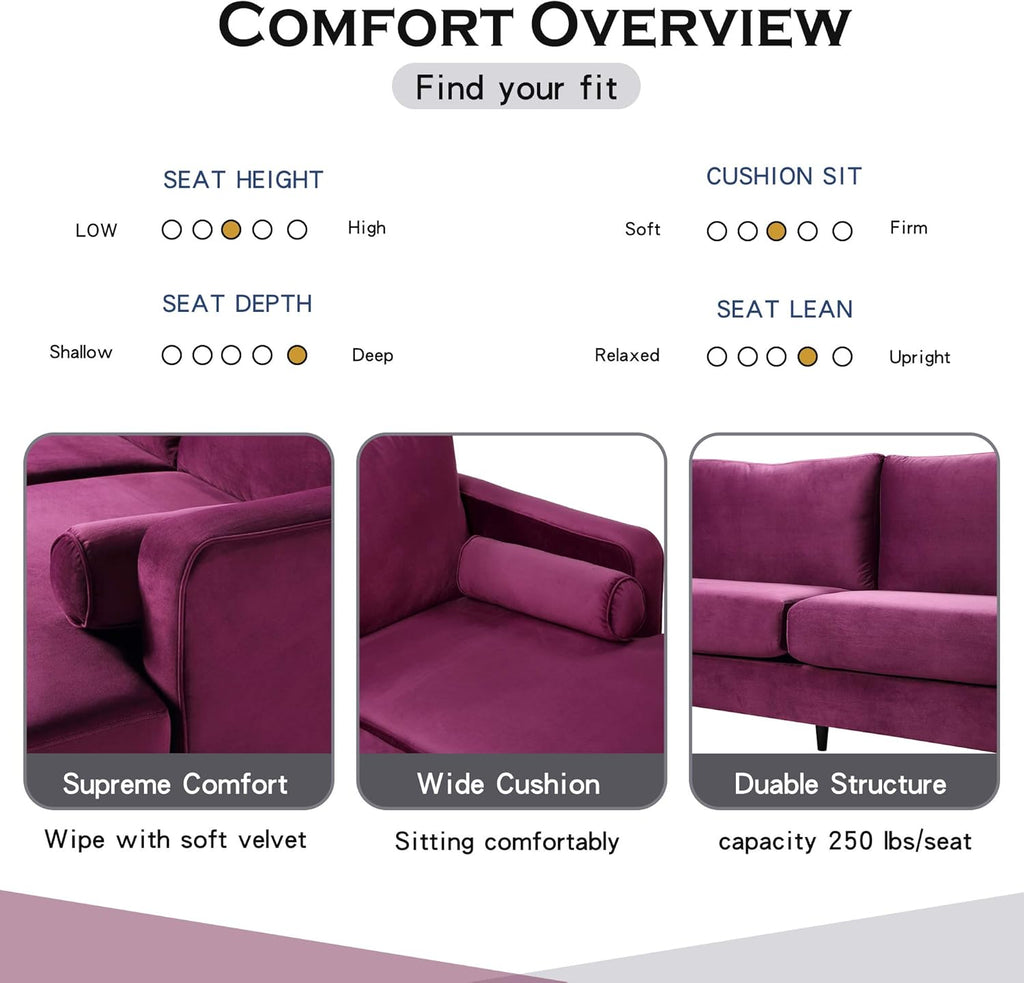 Purple Velvet Sectional Sofa Set with 2 Pillows P212