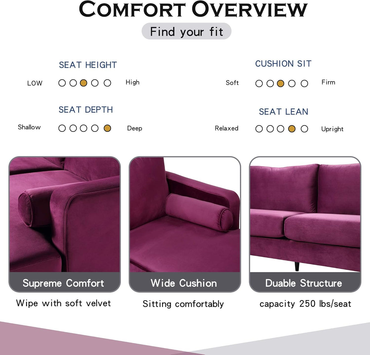 Purple Velvet Sectional Sofa Set with 2 Pillows P212