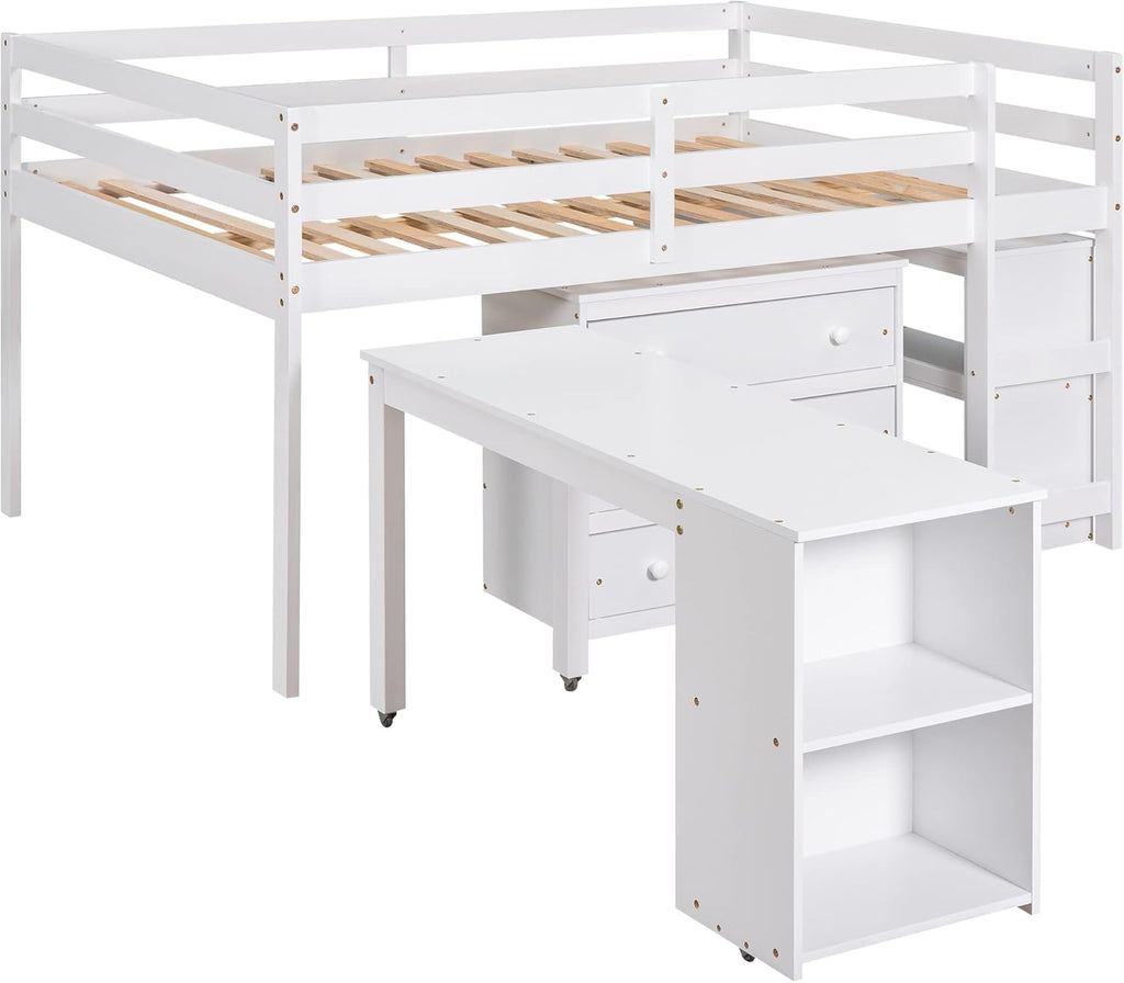 White Full Size Wood Loft Bed with Desk P386