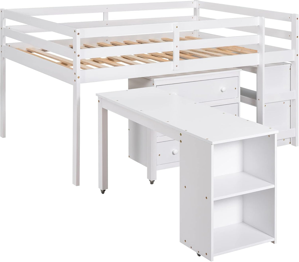White Full Size Wood Loft Bed with Desk P386