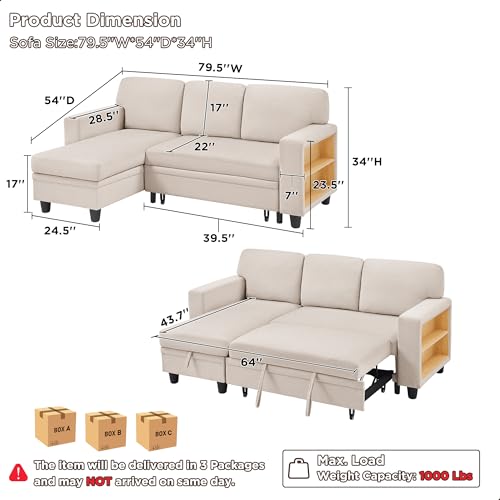 Beige L-Shaped Sleeper Sectional Couch with Storage Chaise N959597