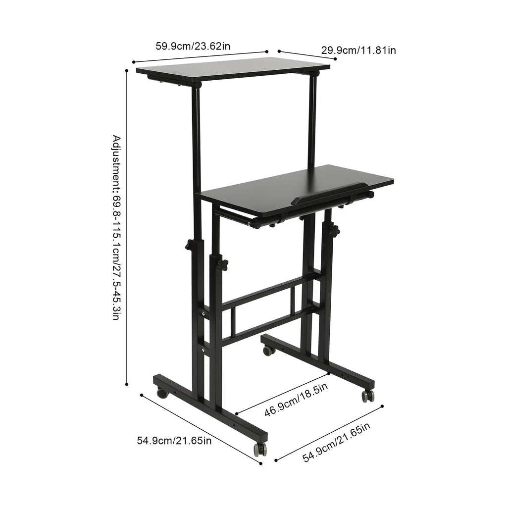 24" Mobile Stand Up Desk Adjustable Height Small Storage Desk with Wheels Black P4669