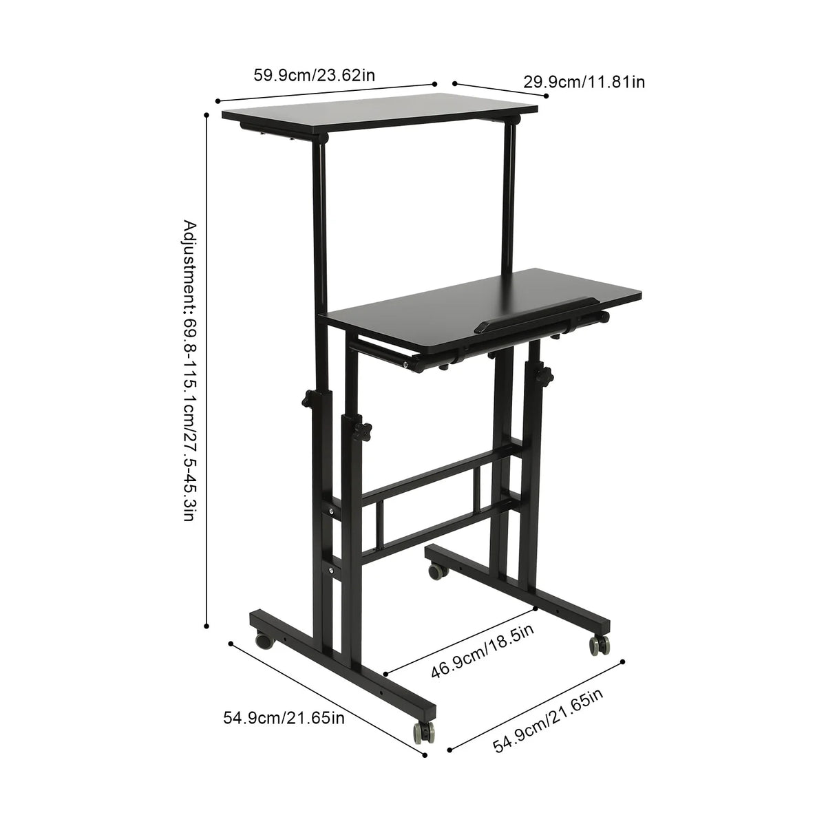 24" Mobile Stand Up Desk Adjustable Height Small Storage Desk with Wheels Black P4669