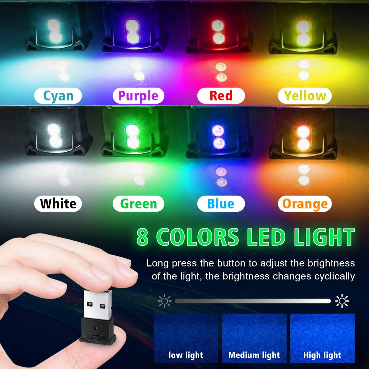 4 Pcs Mini USB LED Light, 8 Colors RGB Car LED Interior Lighting DC 5V Smart USB LED Atmosphere Light M43403