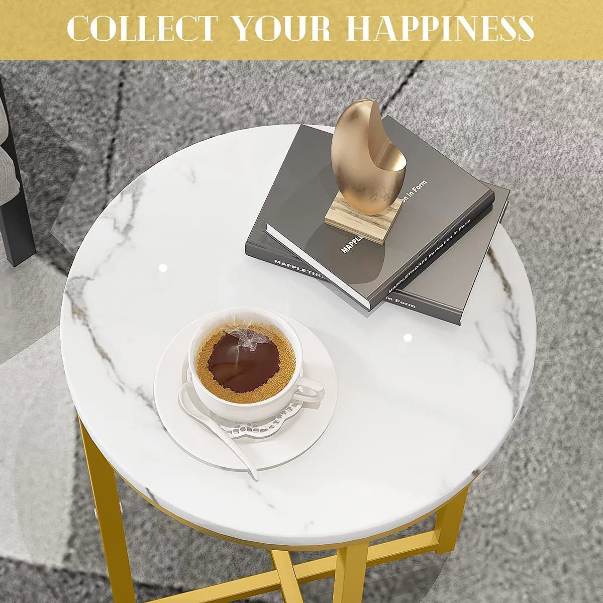 Round Faux Marble Side Table with Metal Frame V53445