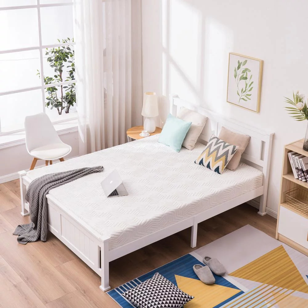 White Wood Platform Bed with Hardwood Slats W266896