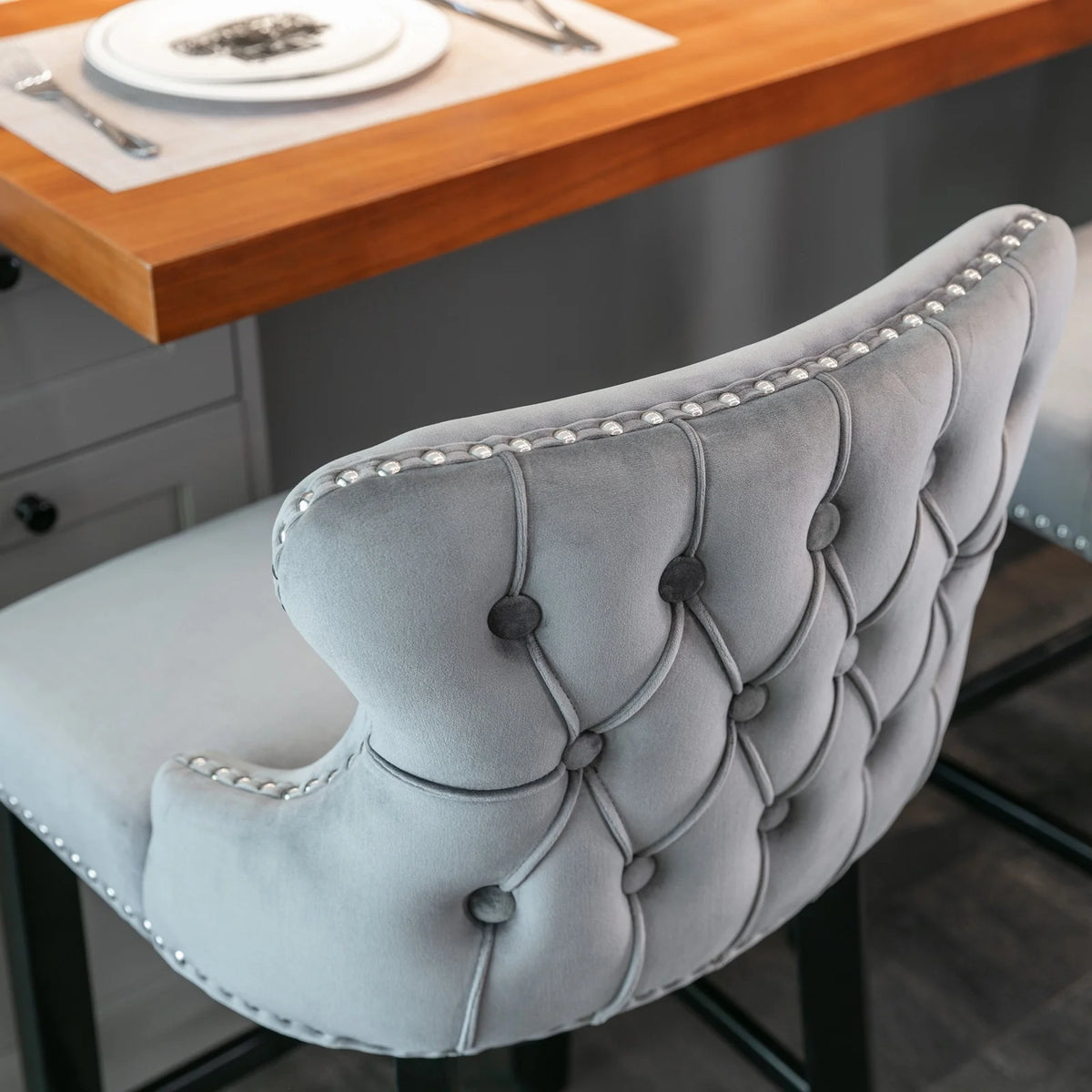 Velvet Wing-Back Upholstered Bar Stools Set of 2 with Solid Wood Legs A88025