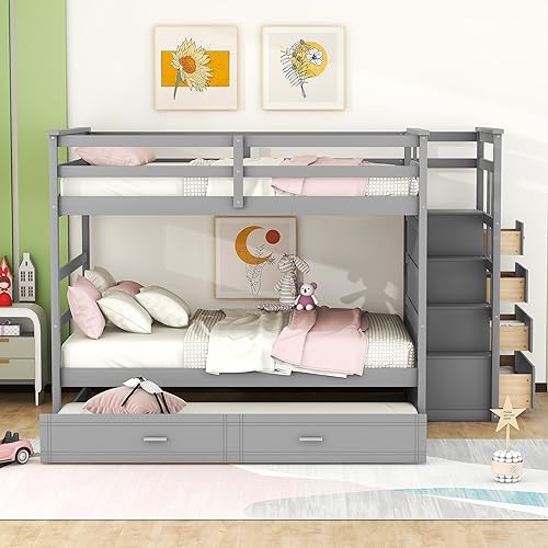 Twin Over Twin Bunk Bed with Stairs and Trundle White N38606