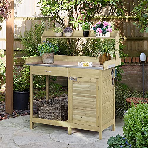 Outdoor Potting Bench Table with Cabinet Drawer Open Shelf B170524