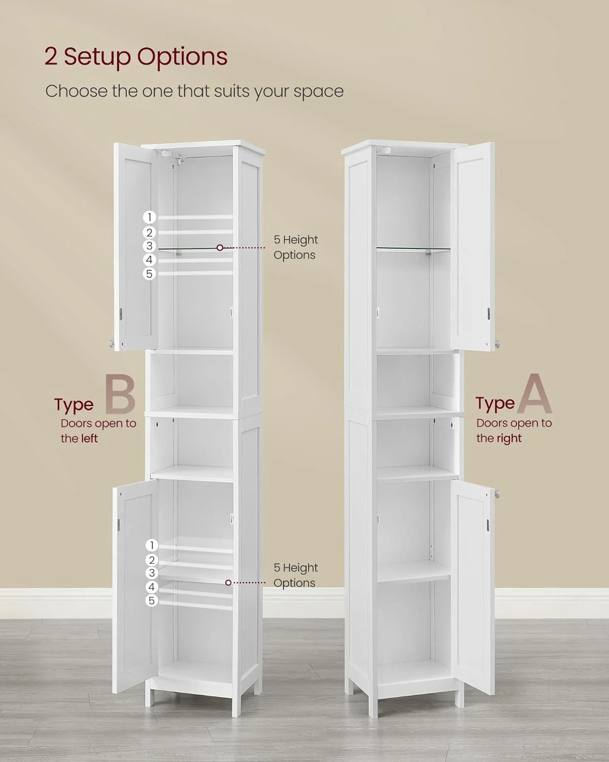 Cloud White Tall Bathroom Storage Cabinet with Adjustable Shelves E38300