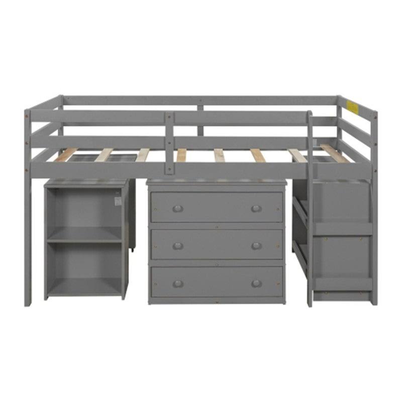 Gray Twin Size Wooden Loft Bed with Rolling Desk and Cabinet I300