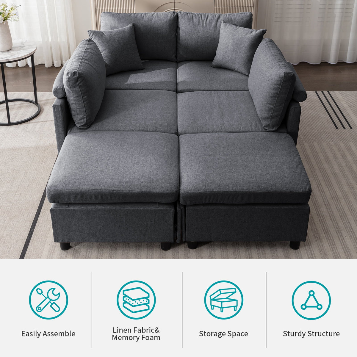 Dark Gray 6-Seater Modular Sectional Sofa with Storage Ottoman Q840369