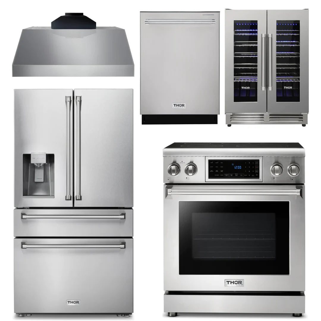 30 Electric Range, Range Hood, Refrigerator with Water and Ice Dispenser, Dishwasher, Wine Cooler J4782