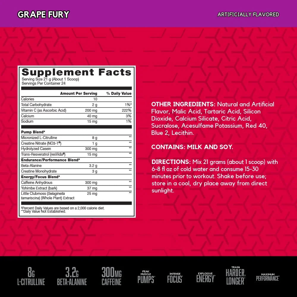 Grape Fury Pre Workout Powder with L-Citrulline and Beta-Alanine, 24 Servings S7666
