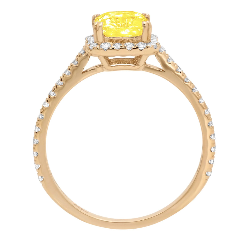 18k Yellow Gold Halo Ring with 1.96ct Emerald Cut Yellow Simulated Diamond E157051