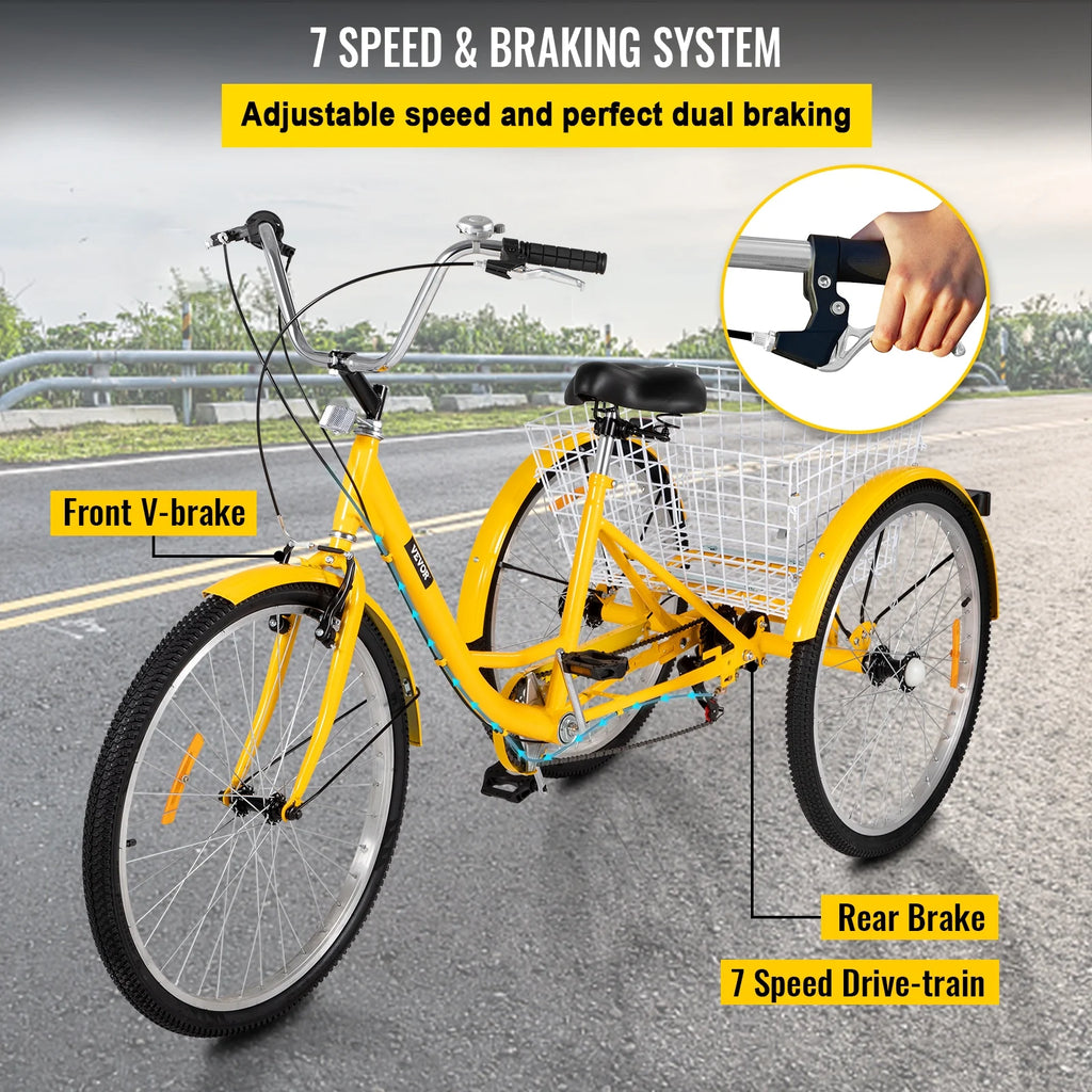 Adult Tricycle 7 Speed 26in Adjustable Trike with Bell, Brake System Basket T95188