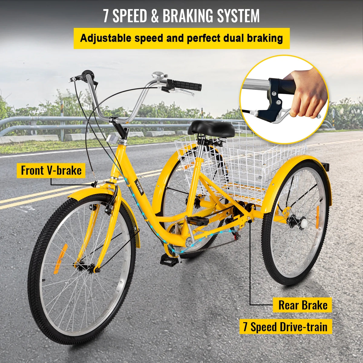 Adult Tricycle 7 Speed 26in Adjustable Trike with Bell, Brake System Basket T95188