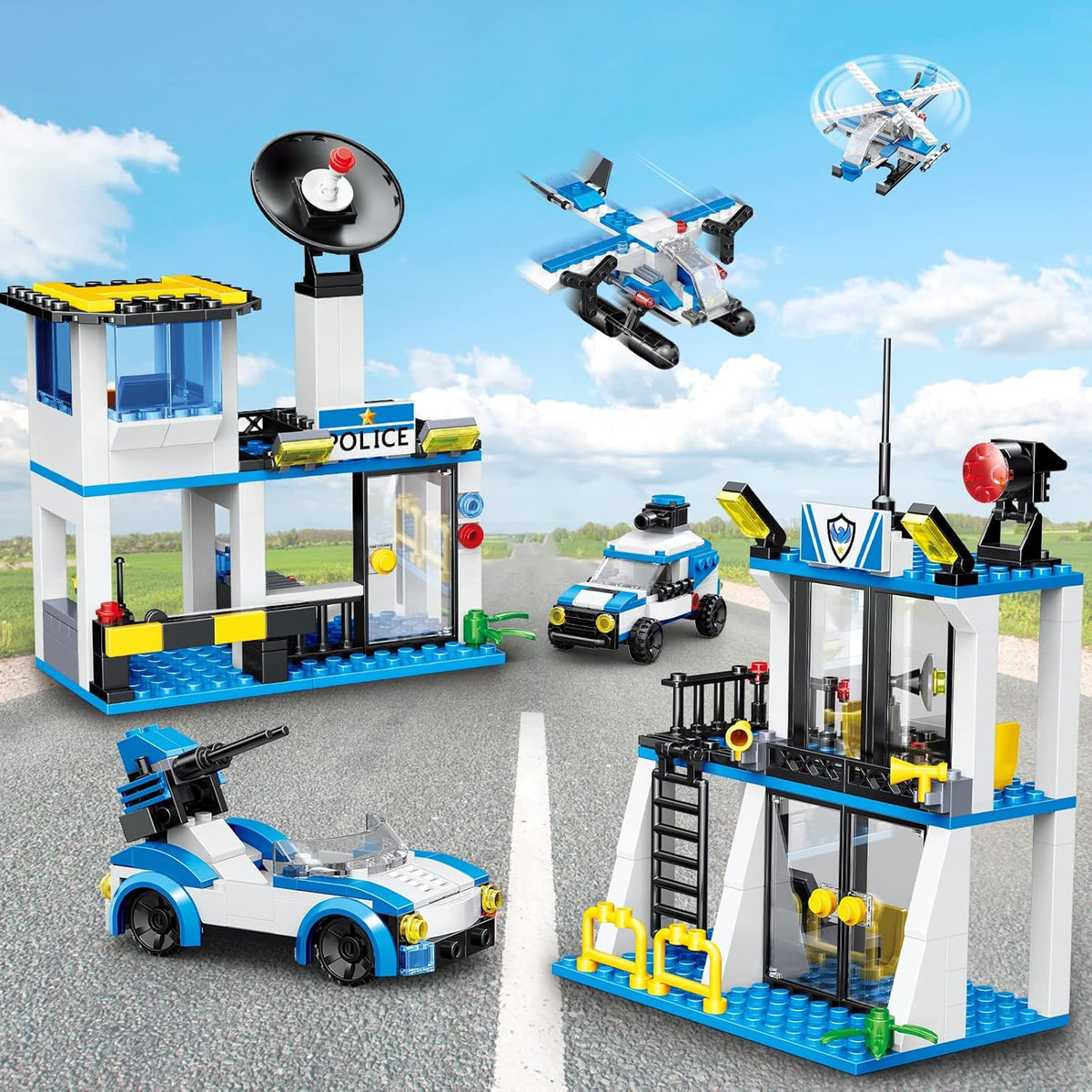 Police Ship Building Blocks Toy Kit with Army Car, Helicopter, Airplane, Warship W924953