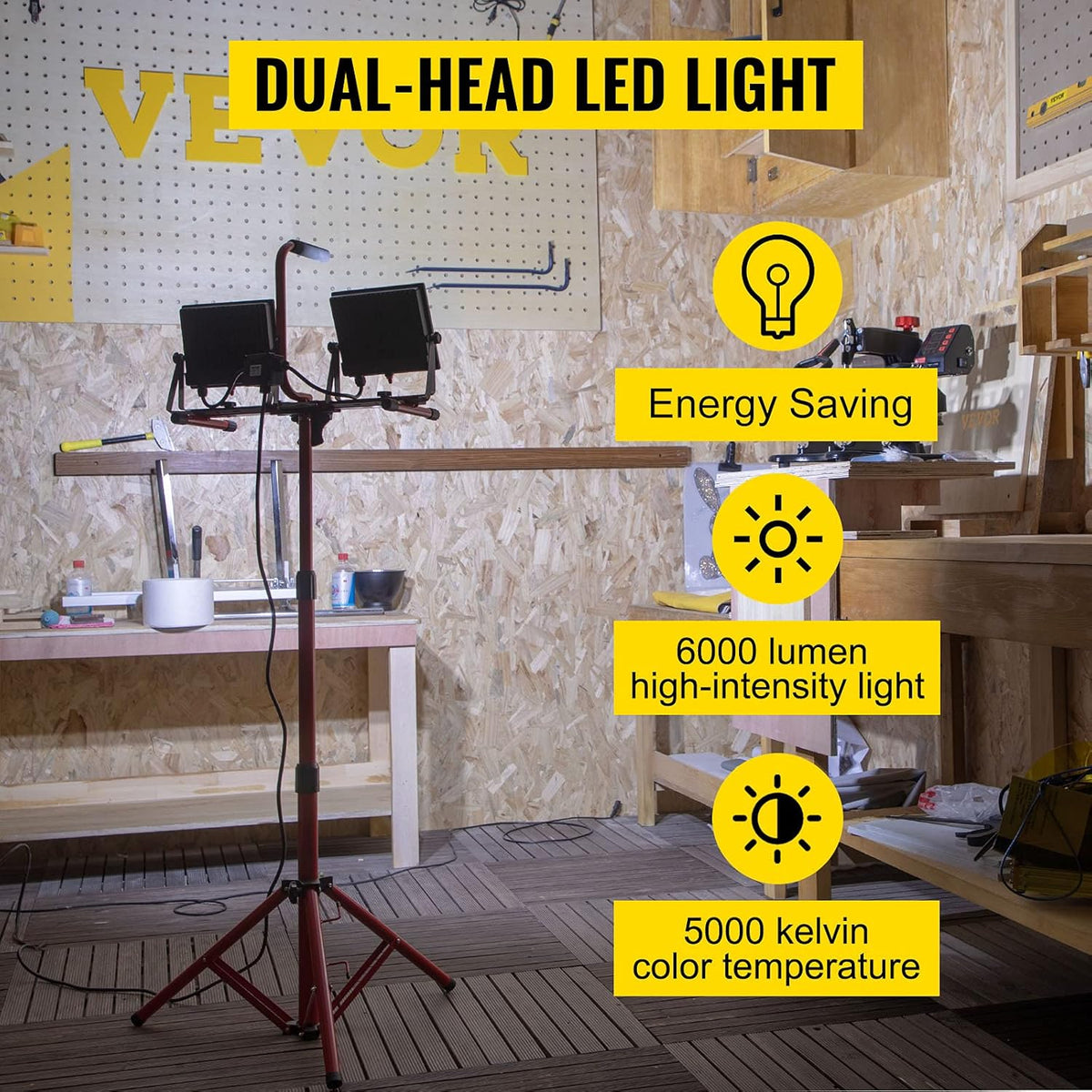 LED Work Light with Stand, 6000 Lumen Dual-head, IP65 Waterproofed, Pack of 2 E313267