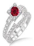 1.5 Carat Ruby & Diamond Vintage Floral Bridal Set Engagement Ring on 10k White Gold A20817