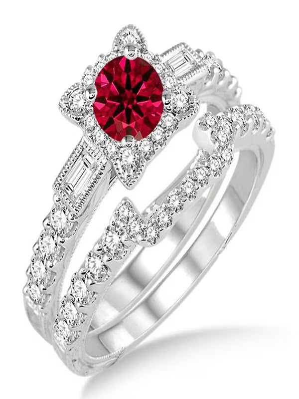 1.5 Carat Ruby & Diamond Vintage Floral Bridal Set Engagement Ring on 10k White Gold A20817