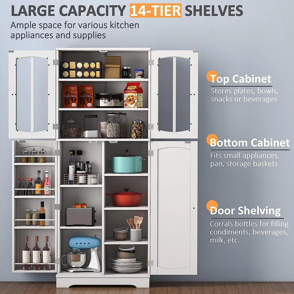 White Wood Kitchen Pantry Storage Cabinet with Doors and Shelves A2523