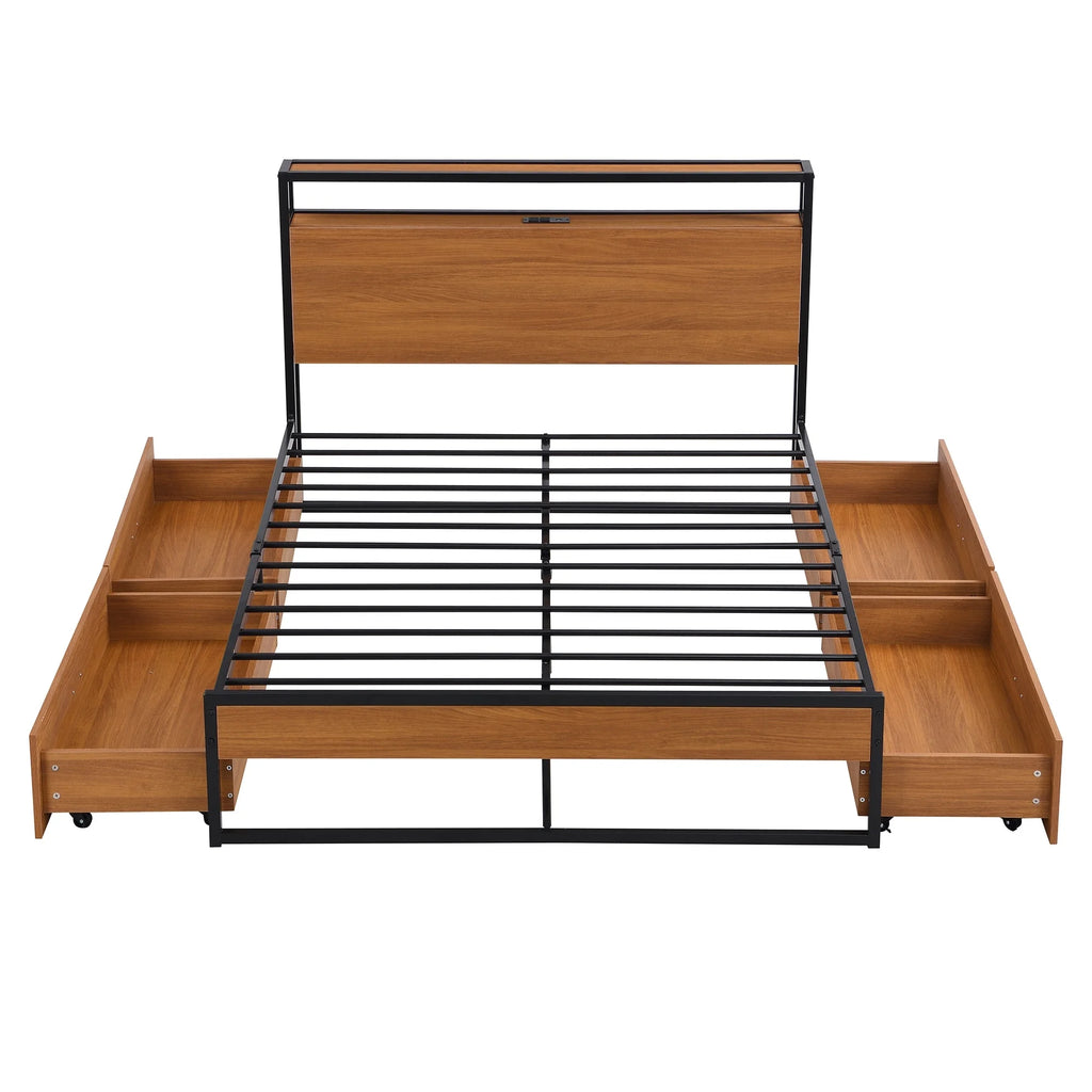 Metal Platform Bed Frame with Four Drawers and Wooden Headboard V9229