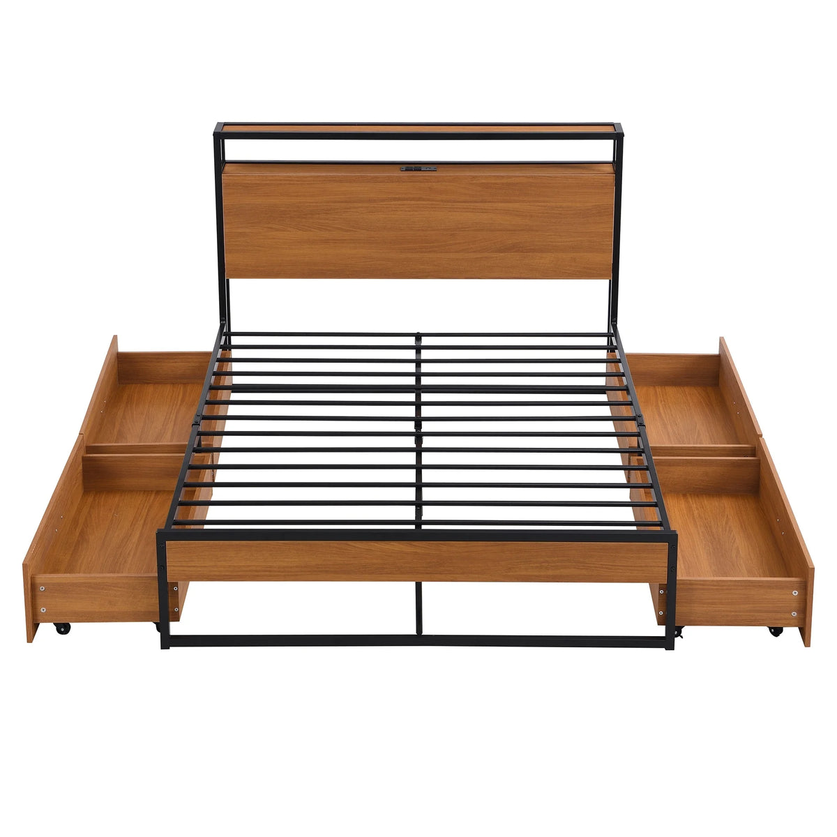 Metal Platform Bed Frame with Four Drawers and Wooden Headboard V9229