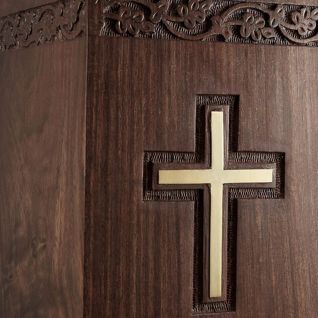 Rosewood Hand-Carved Urn Box with Solid Brass Cross, Velvet Bag E361706