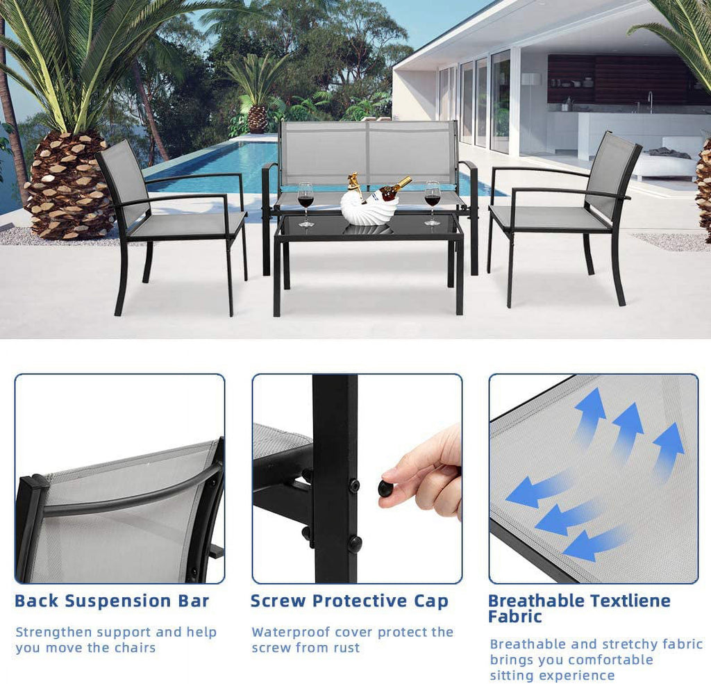 4 Pieces Patio Conversation Set with Loveseat and Coffee Table (Grey) D714