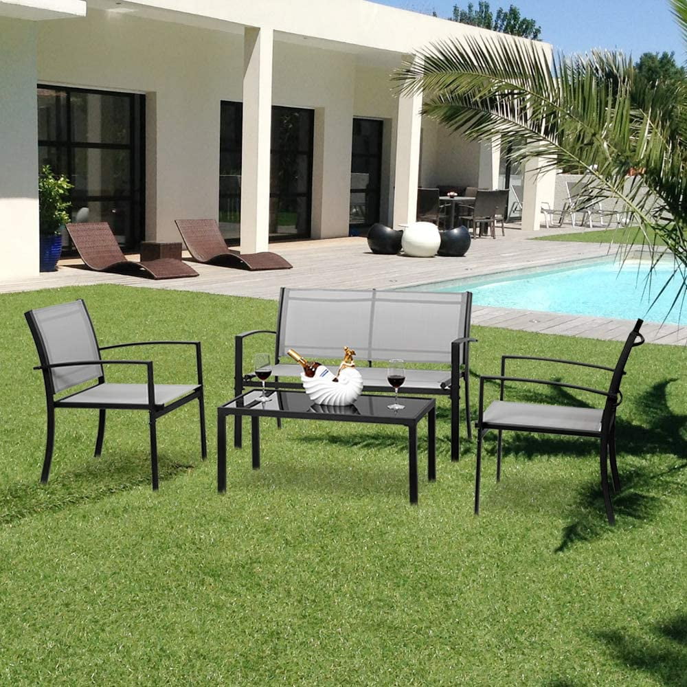 4 Pieces Patio Conversation Set with Loveseat and Coffee Table (Grey) D714