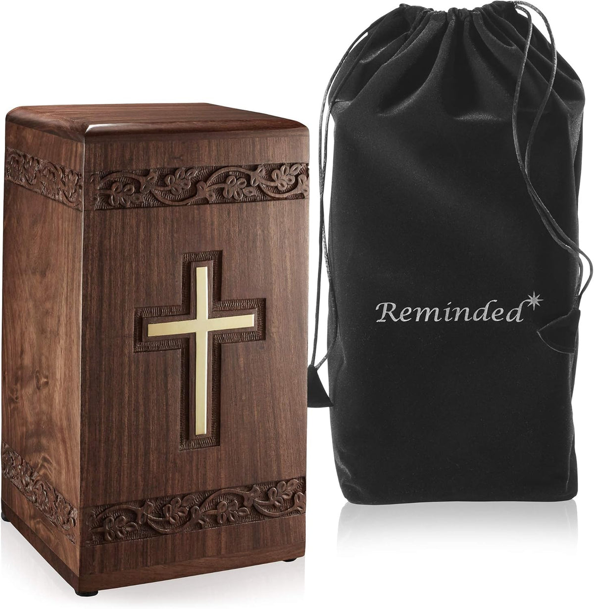 Rosewood Hand-Carved Urn Box with Solid Brass Cross, Velvet Bag E361706