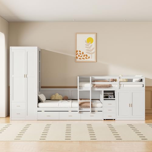 White Twin Over Twin Wood Bunk Bed with Trundle V8453