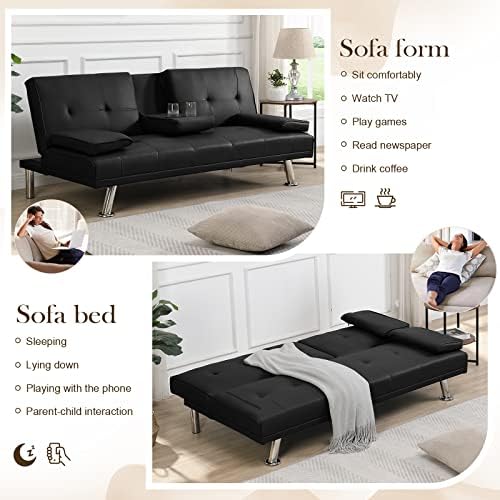 Black Leather Futon Sofa Bed with 2 Cup Holders P99858