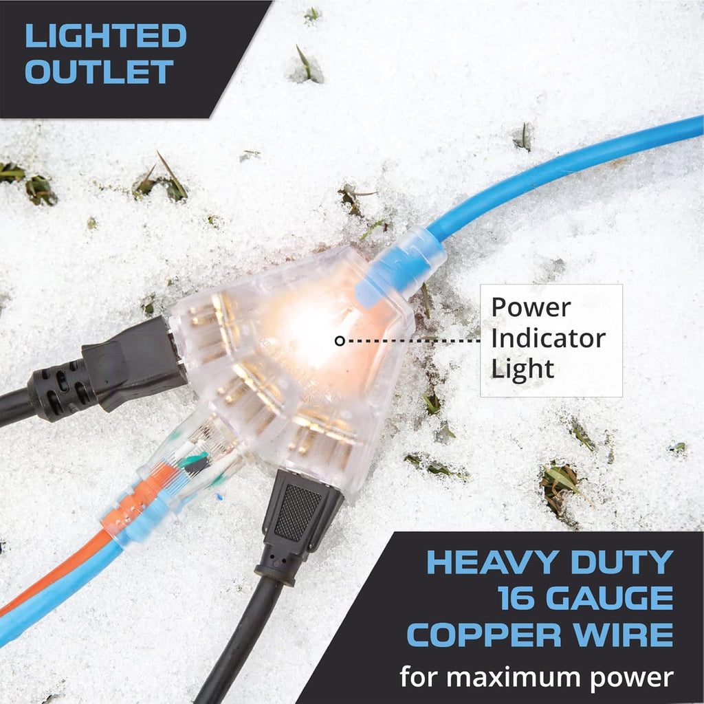 100 Ft All Weather Extension Cord with 3 Electrical Power Outlets, 16/3 SJEOW Lighted Outdoor Cable J78288