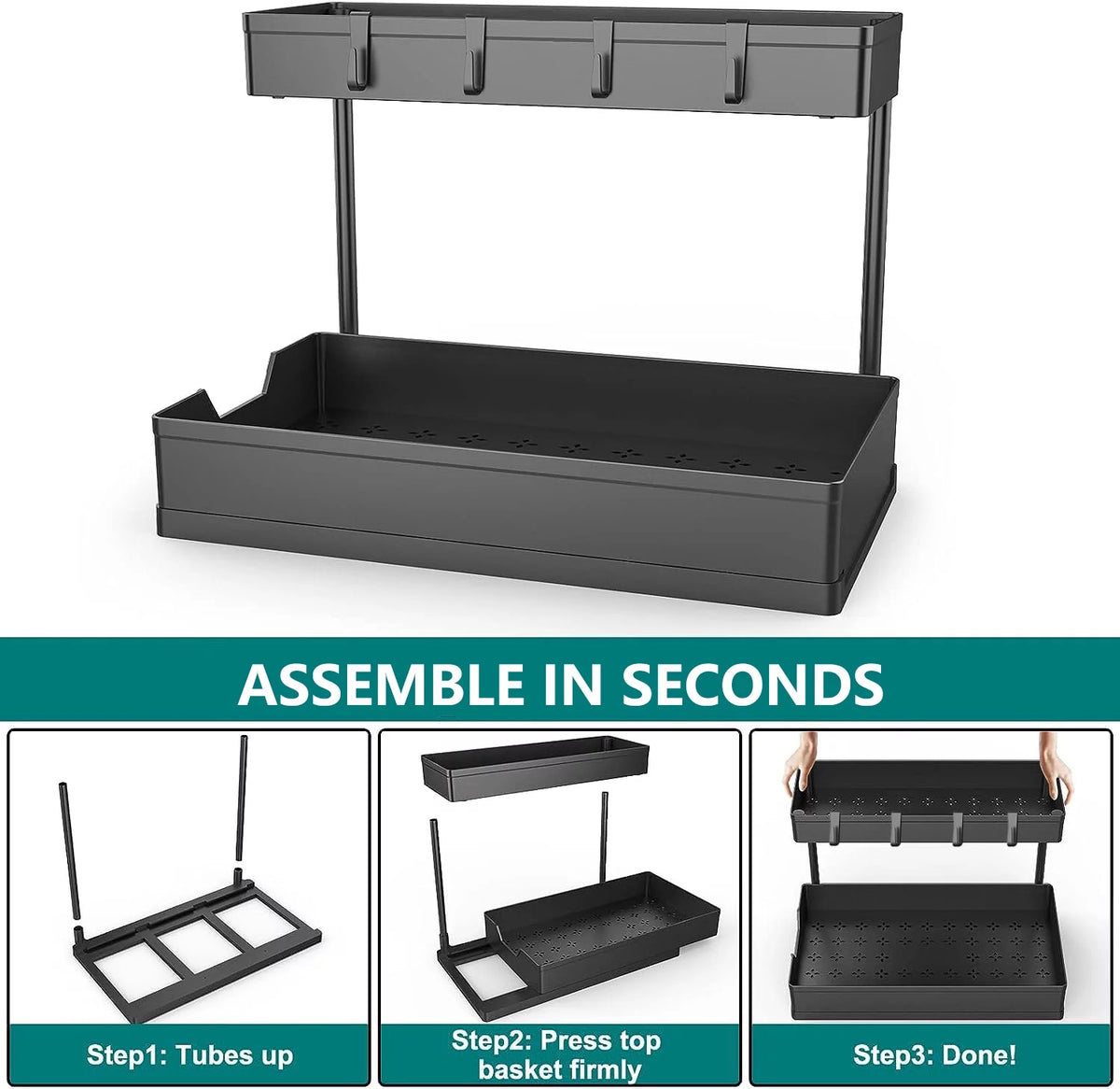 2 Tier L-Shape Under Sink Organizer with Hooks R915