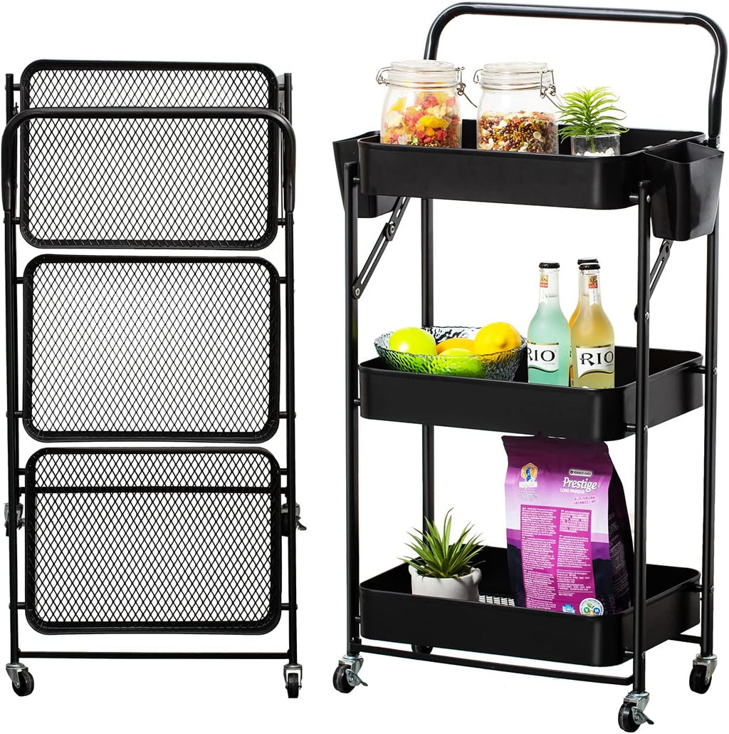 3-Tier Foldable Metal Utility Rolling Cart with Handle and Wheels A277
