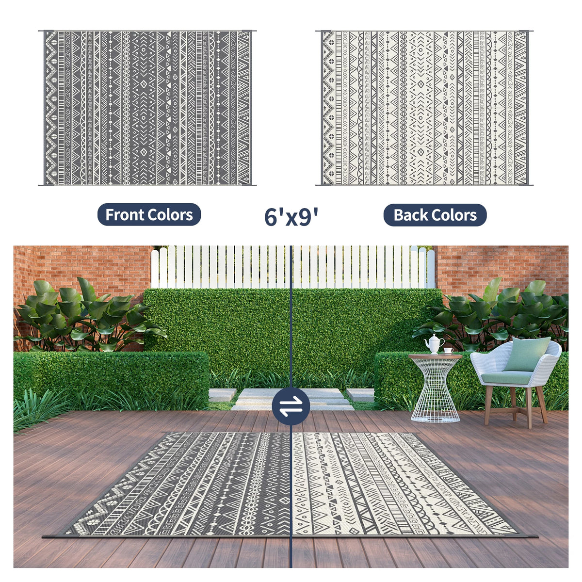6x9ft Grey White Reversible Outdoor Rug B314412