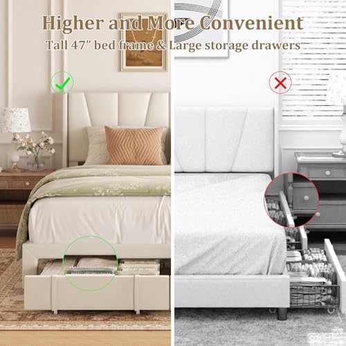Beige Queen Upholstered Platform Bed Frame with Storage Drawers C5263
