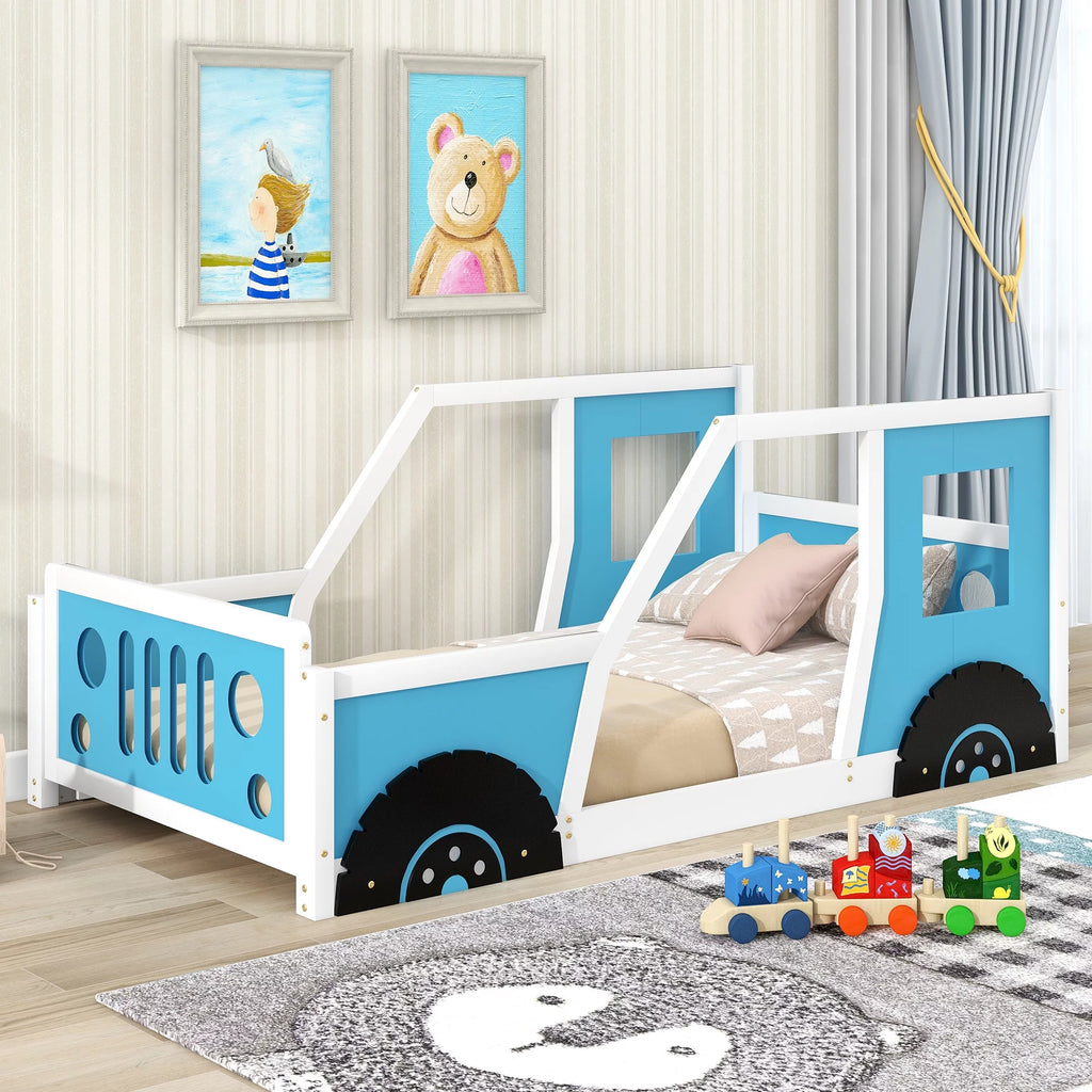 Twin Size Car-Shaped Platform Bed with Wheels V5629