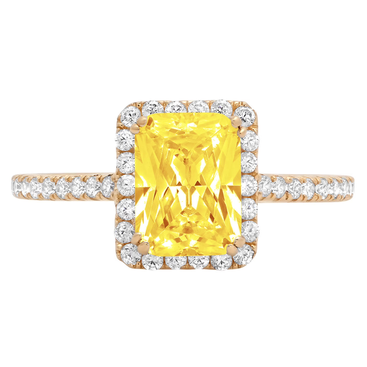 18k Yellow Gold Halo Ring with 1.96ct Emerald Cut Yellow Simulated Diamond E157051
