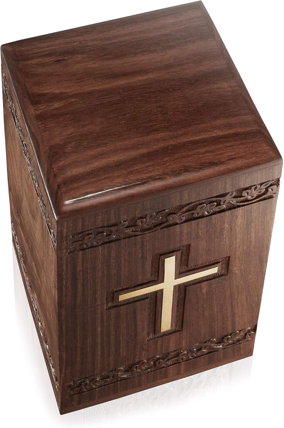 Rosewood Hand-Carved Urn Box with Solid Brass Cross, Velvet Bag E361706