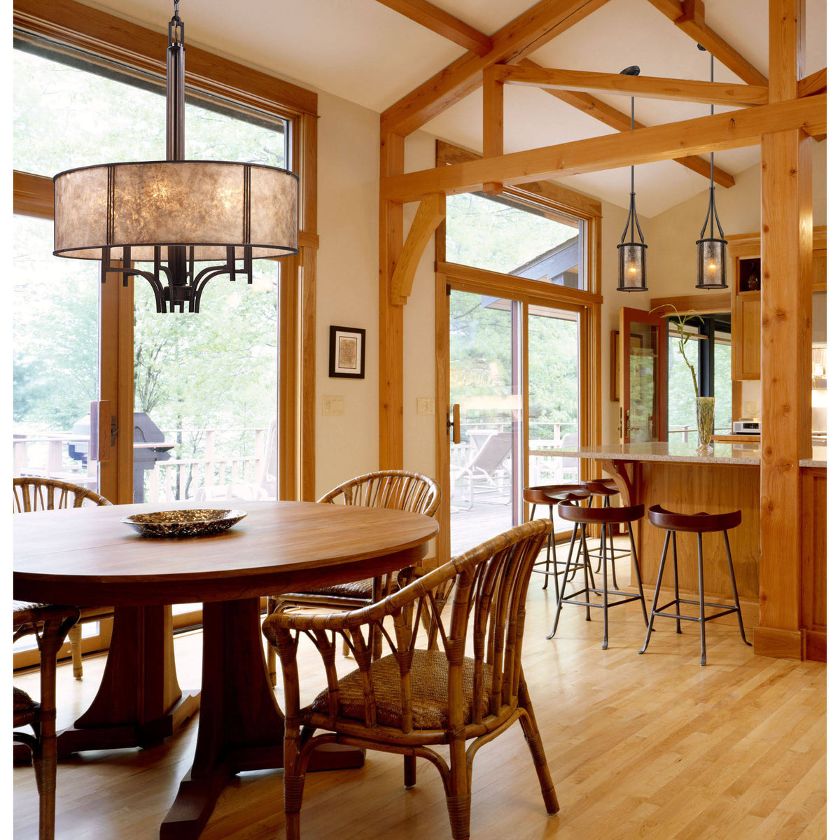 3-Light Semi-Flush in Aged Bronze & Tan Mica Shade L39993