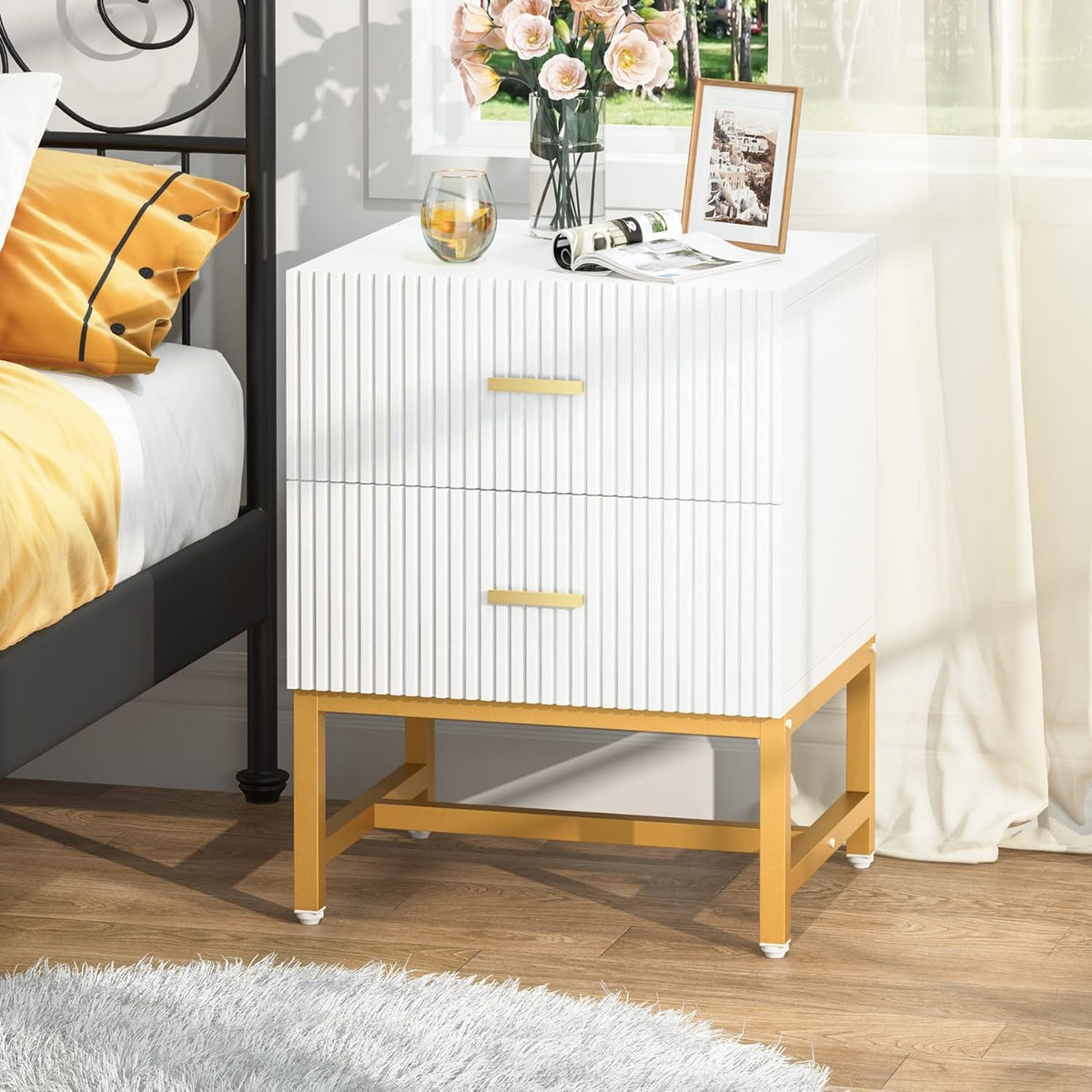 White 2-Drawer Nightstand with Storage Cabinet Metal Frame D266545